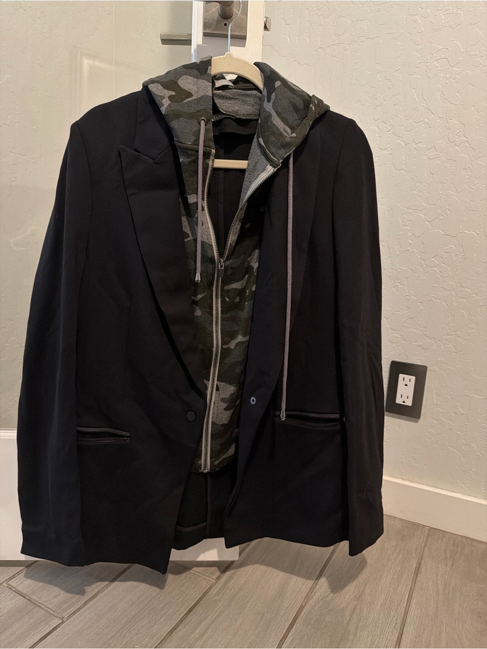 Tart Black Blazer with Green Camo Hooded Zip Jacket